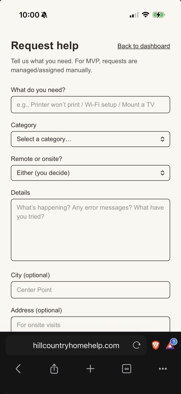 Hill Country Home Help — Request Help screen